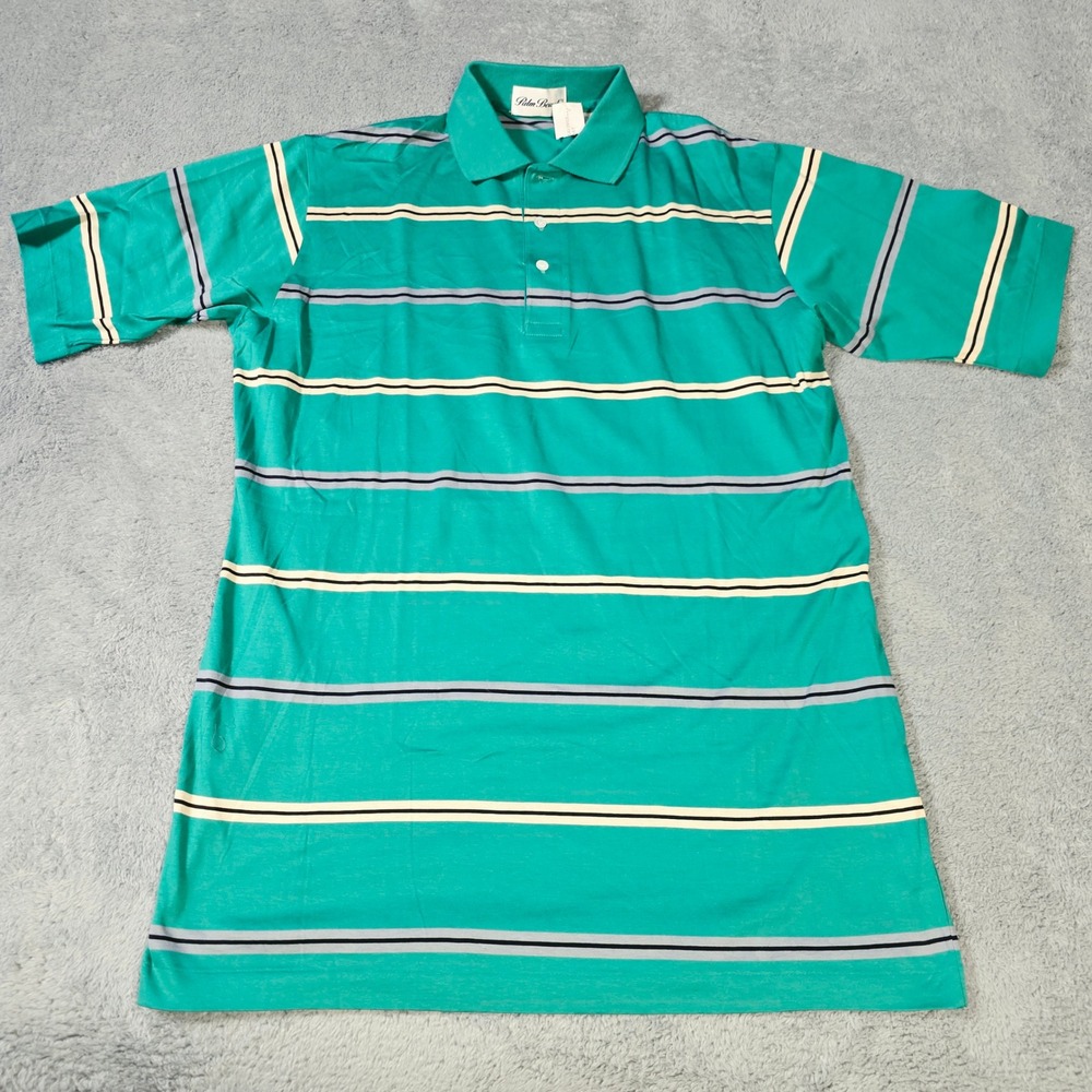 Palm Beach Mens L Polo Shirt Teal Green Striped Mercerized Cotton Lisle Vintage